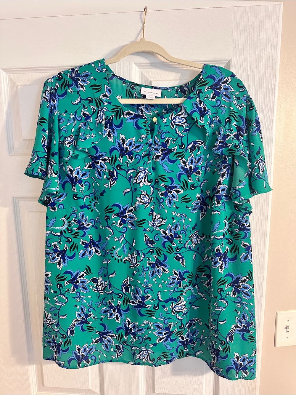 Liz Claiborne Teal Floral Ruffle Sleeve Blouse